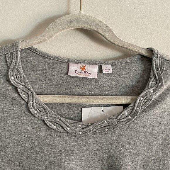 Quacker Factory Women L Gray Rhinestone Braided Sparkle 3/4 Sleeves T-Shirt NWT - Picture 5 of 10